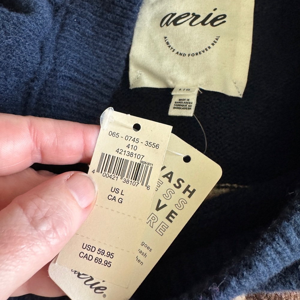 Aerie Navy Leopard-Panel Crewneck Sweater with Red Trim - Picture 3 of 3